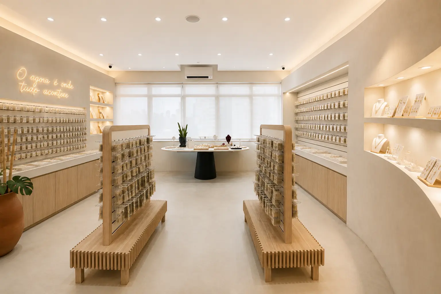 Interior do showroom BARG em Campinas, com expositores de madeira clara e semijoias nas paredes